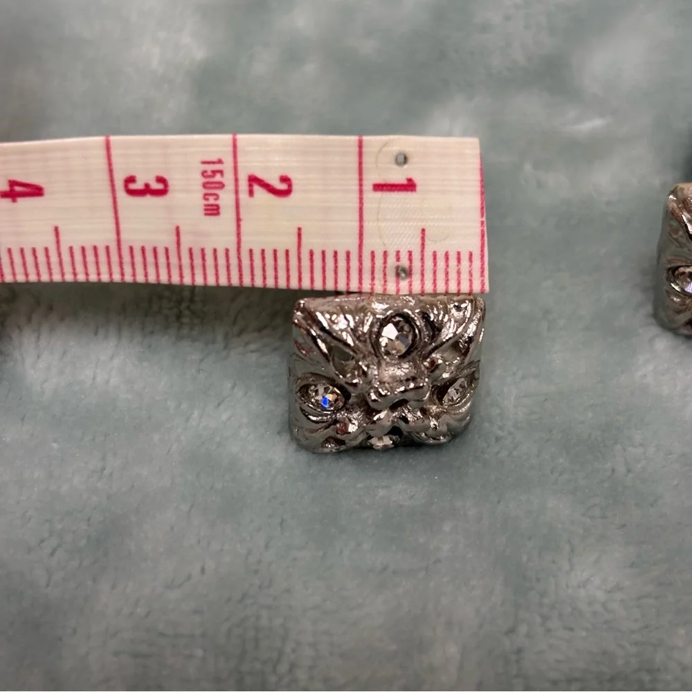 Vintage Silver-Tone Cufflinks Textured Hammered Surface Clear Rhinestones MCM